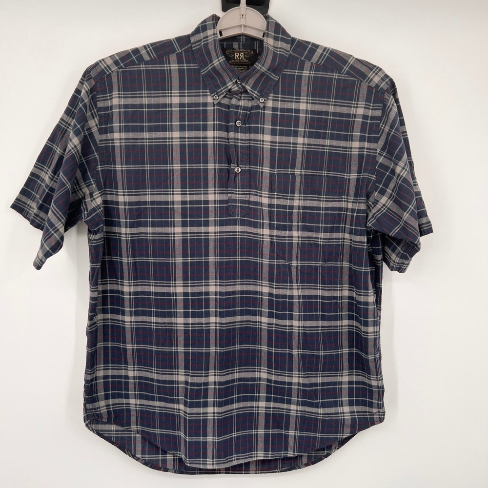 RRL Ralph Lauren Mens Plaid Popover Shirt Short Sleeve Button Down Navy Grey M